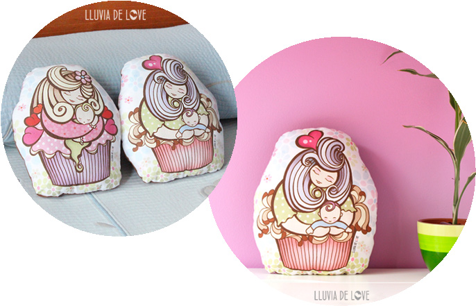 Cojines decorados con cupcakes para regalar a una madre primeriza o reciente. Cojín decorativo ilustrado